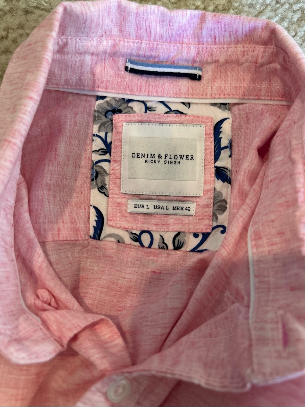 Denim & Flower Ricky Singh, Heather Pink Short-Sleeve Button-Down Shirt  L